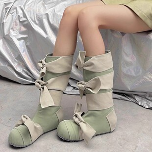 杨超越同款 蝴蝶结绑带中筒靴2026春夏Lolita后拉链平底圆头大头靴
