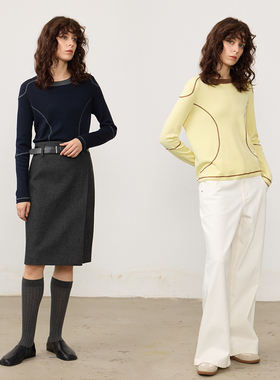 Chicnine |圆领肩膀条纹羊毛纯色毛衣基础针织慵懒风女套头上衣