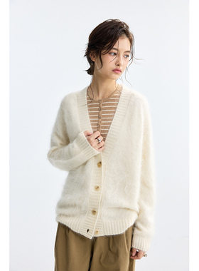 Chicnine | 羊绒开衫V领外套毛衣宽松针织开衫新款宽松显瘦白色女