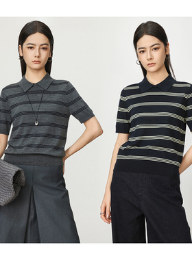 Chicnine | 条纹气质短袖气质百搭针织衫新款通勤T恤洋气POLO领