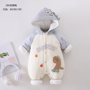 婴儿衣服秋冬装宝宝连体衣夹棉加厚保暖连帽哈衣套装外出抱衣代发