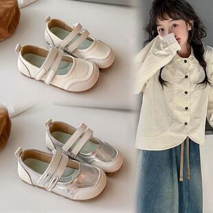 女童小皮鞋2025新款公主风软底单鞋春秋配裙子银色豆豆鞋儿童鞋子