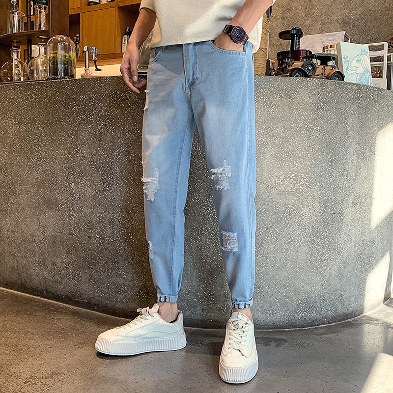 夏季新款小个子束脚牛仔九分裤男潮流美式小脚破洞1003-1A50P55图片