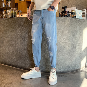 夏季新款小个子束脚牛仔九分裤男潮流美式小脚破洞1003-1A50P55图片