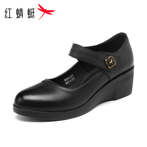 红蜻蜓品牌坡跟真皮小皮鞋妈妈鞋