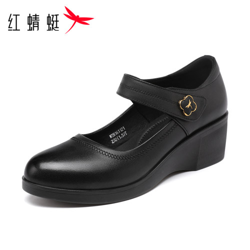 红蜻蜓品牌坡跟真皮小皮鞋妈妈鞋
