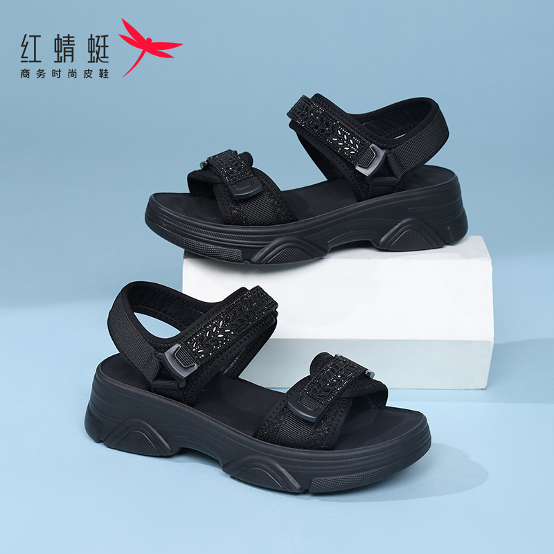 红蜻蜓厚底运动凉鞋女夏季透气增高女鞋子软底松糕休闲沙滩鞋轻便
