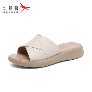 红蜻蜓女鞋妈妈拖鞋头层牛皮真皮时尚平跟配裙子百搭时尚软底舒适