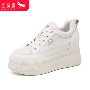 红蜻蜓真皮内增高10cm小个子厚底小白鞋女鞋春秋款皮面透气网面轻