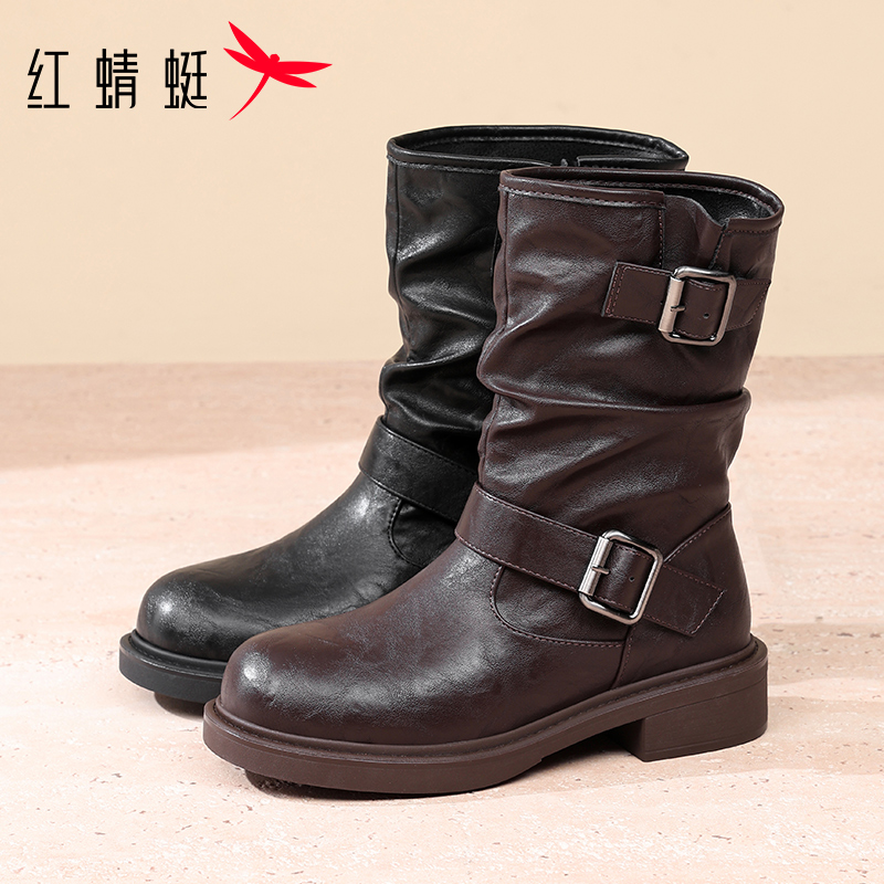 红蜻蜓女靴时尚中筒骑士靴单靴冬季真皮时尚堆堆靴潮流西部牛仔靴