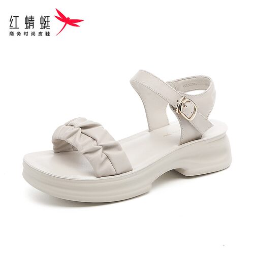 红蜻蜓休息头层牛皮女凉鞋新款