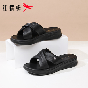 红蜻蜓女鞋休闲拖鞋2026新款夏季外穿凉拖头层牛皮厚底真皮仙女风