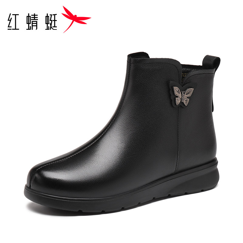 红蜻蜓休闲妈妈靴平底牛皮女靴