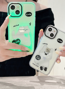 韩系可爱少女心小猫 小狗适用iPhone16promax手机壳苹果14防摔13promx保护套15新款情侣粉嫩嫩发光