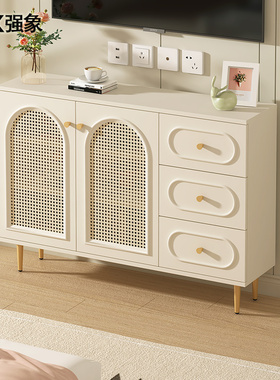 奶油风仿藤编电视柜高款卧室收纳床尾柜客厅边柜厨房储物柜子D115