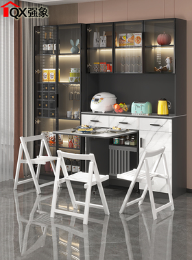 轻奢岩板餐边柜折叠餐桌组合一体靠墙玻璃门酒柜茶水储物柜子G136