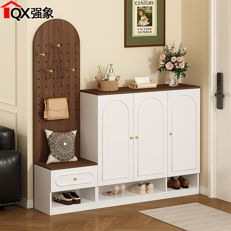 复古鞋柜家用门口落地带洞洞板换鞋凳一体玄关收纳柜进门鞋架N105