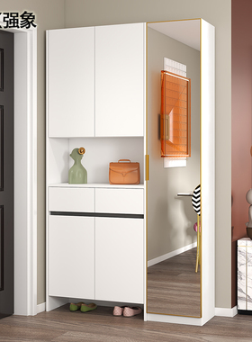 奶油风入户鞋柜穿衣镜一体靠墙家用门口新款玄关门厅柜定制 N39