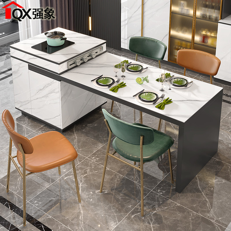 轻奢岩板中岛台餐桌一体简约现代厨房餐边柜可伸缩茶桌家用吧台e3