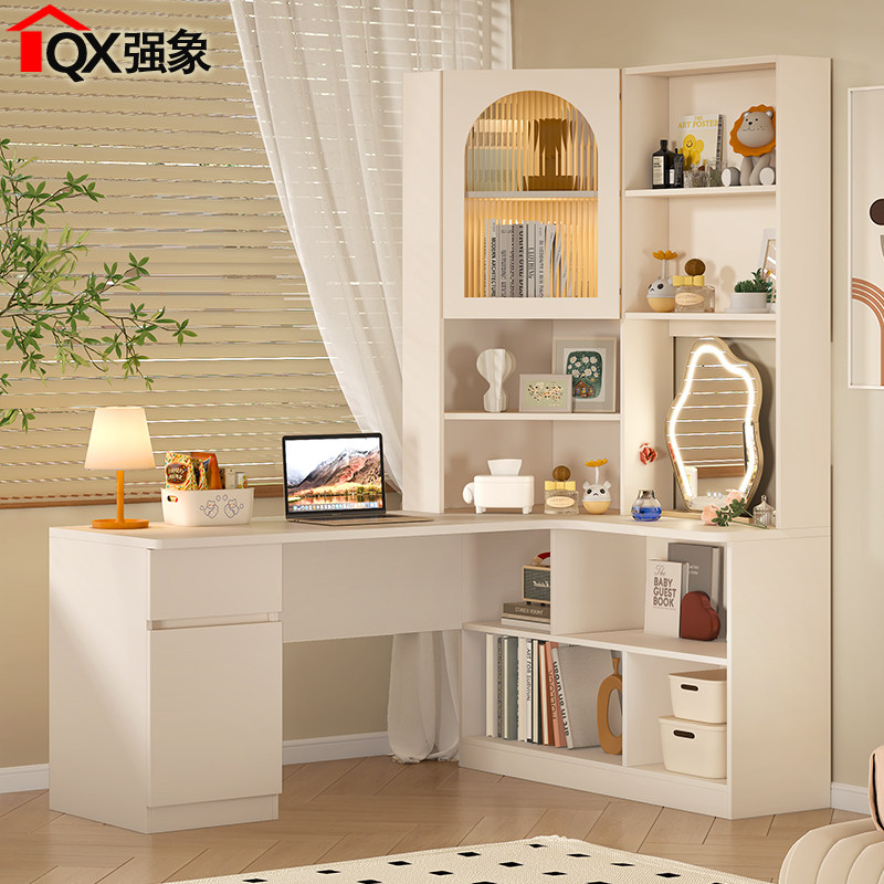 奶油风转角书桌梳妆台书架一体拐角卧室电脑桌小型家用可定制FL43,住宅家具,电脑桌,淘宝优惠券,粉丝福利购,淘宝优惠卷