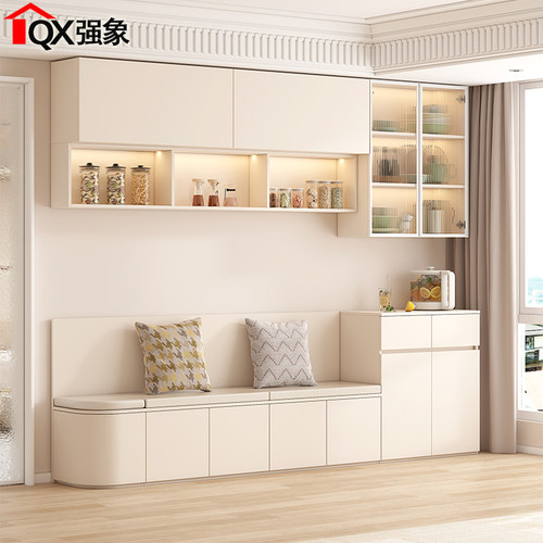 奶油风圆弧卡座餐边柜一体