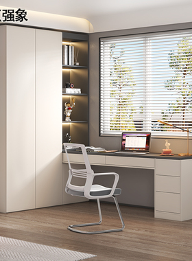 奶油风转角书桌书架一体拐角飘窗电脑桌台式家用写字桌书柜FL38