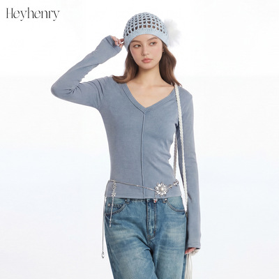 HeyHenry美式V领辣妹修身短款长袖T恤女春秋季内搭打底可外穿上衣