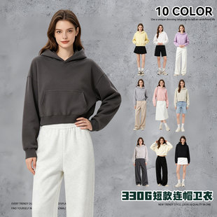 新款女士短款纯色连帽拉链卫衣潮牌时尚漏脐宽松休闲秋冬卫衣外套