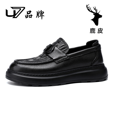 U7品牌高端鹿皮压花鳄鱼纹一脚蹬百搭舒适潮款软底休闲乐福男皮鞋