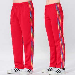 春秋红色运动裤 男女三条杠直筒佳木斯广场舞团体健身操健步走长裤