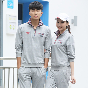 情侣运动套装男春秋纯棉跑步服长袖套头立领卫衣中年女休闲运动服