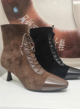 KISSCAT接吻猫女鞋2025冬季细高跟方头复古侧拉链短靴 KA65713-10