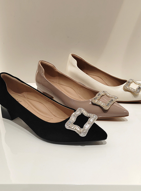 KISSCAT接吻猫女鞋2026春季新款浅口尖头粗跟时装单鞋 K75165A-10