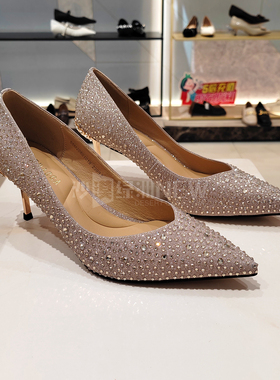 瑞贝卡女鞋2025秋季新款细高跟浅口满钻舒适百搭时尚婚鞋55M20601