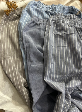 时尚条纹有口袋可外穿～出口日单杨柳纱全棉睡裤女夏季舒适家居裤
