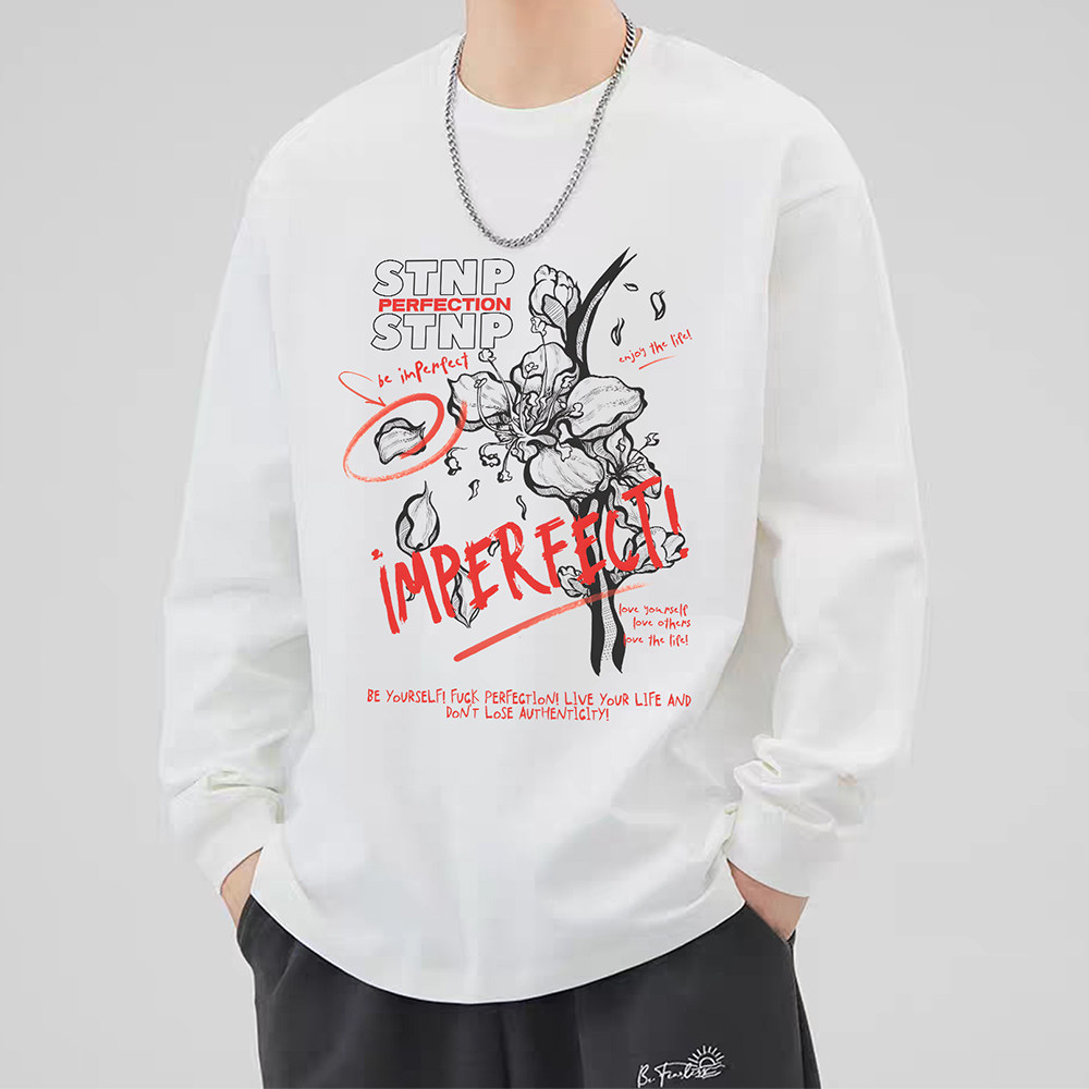 STNP 美式不完美字母涂鸦重磅螺纹袖长袖T恤秋季宽松圆领打底衫