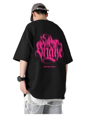 XDFM美式恶魔曲线字母图案纯棉宽松短袖T恤复古潮牌男女半袖上衣