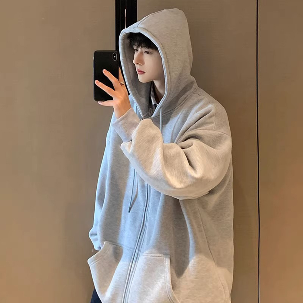 美式重磅拉链纯色开衫连帽卫衣