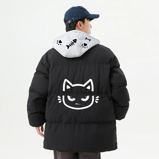 XDFM美式 棉服保暖连帽百搭棉衣外套 猫脸logo假两件拉链款