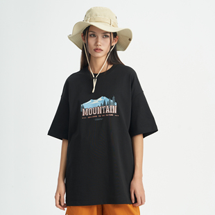 复古oversize短袖 T恤MOUNTAIN雪山烫画简约美式 XDFM国潮五分袖