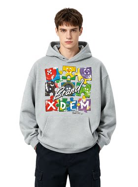 XDFM美式彩色拼图撞色设计套头连帽卫衣宽松重磅情侣男女上衣外套