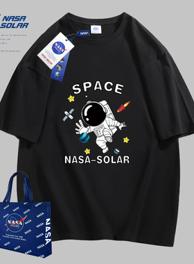 NASA SOLAR联名款夏季新款卡通字母图案印花男女同款纯棉短袖T恤i