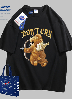 NASA SOLAR新款夏季卡通熊印花重磅短袖宽松T恤纯棉t恤男百搭潮牌