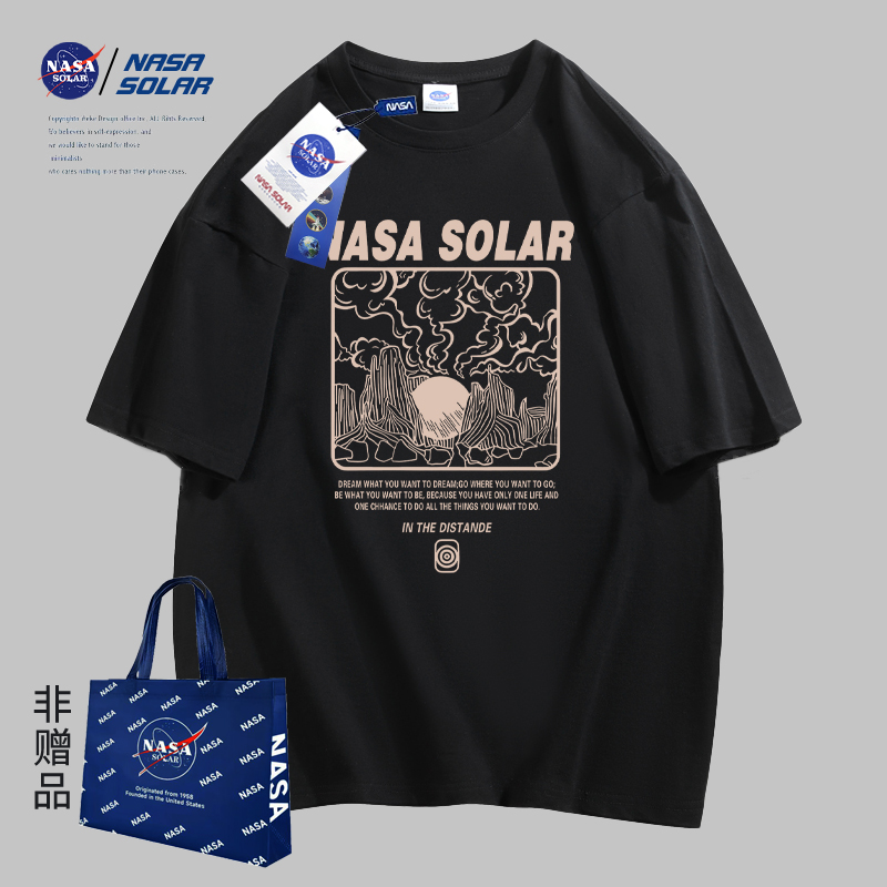 NASA联名款新款夏季男女同款青春流行休闲百搭情侣圆领纯棉短袖潮