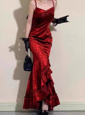 法式长裙女宫廷红色晚礼服气质长款吊带连衣裙样板裁剪图纸样纸版