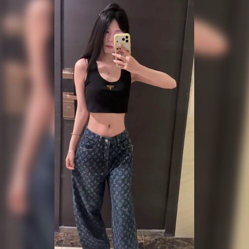 高街时尚印花阔腿裤女水洗高腰复古宽松显腿长常规时尚牛仔裤子