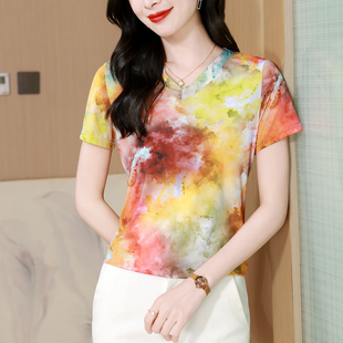 水彩渲染抽象纹样V领网纱短袖T恤女夏装洋气减龄百搭修身气质上衣