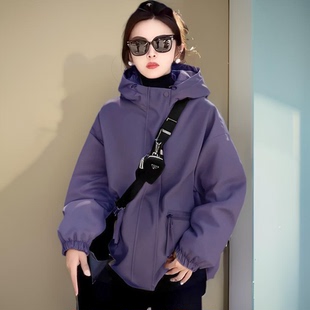 紫色欧货感冲锋衣外套女款春秋2025新款宽松休闲连帽夹克棉衣棉服