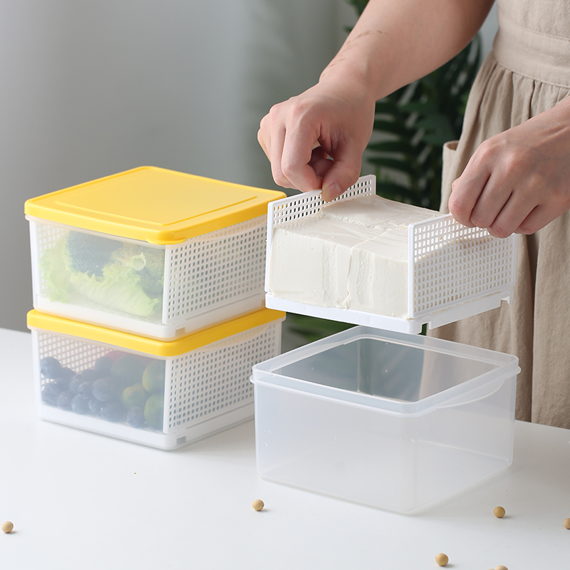 日本进口豆腐保鲜盒食品级蔬菜水果冰箱收纳盒厨房备菜分装沥水盒