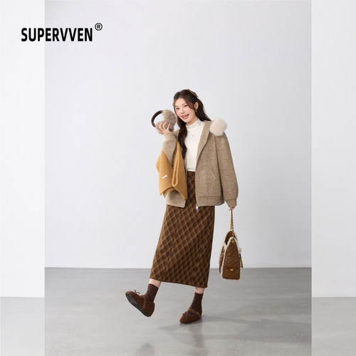 超级文 渚寒烟淡大毛领连帽羊毛外套/系带领衬衫/格纹羊毛半身裙
